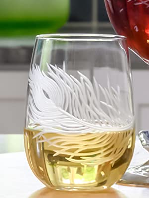 17 oz Stemless Wine Glass - Peacock Feather